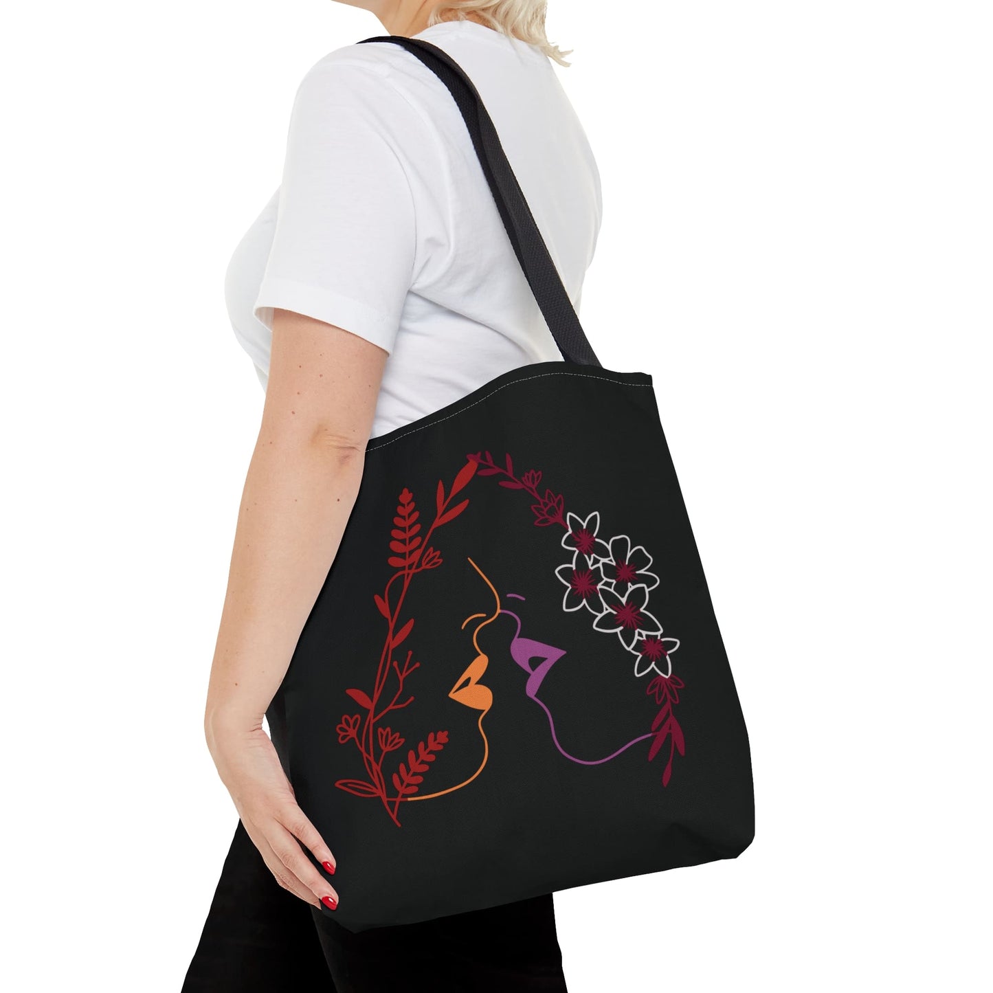 lesbian tote bag, kissing women line art wlw pride, medium