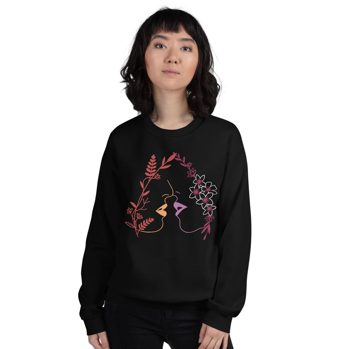 woman wearing lesbian kiss sweater