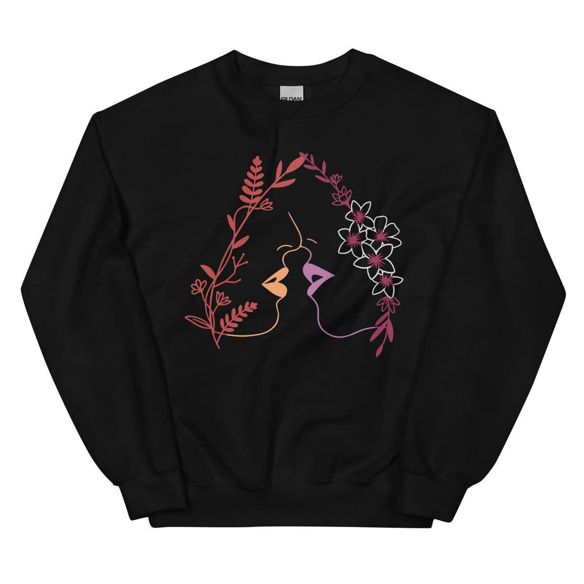 black sweatshirt with discreet lesbian line art