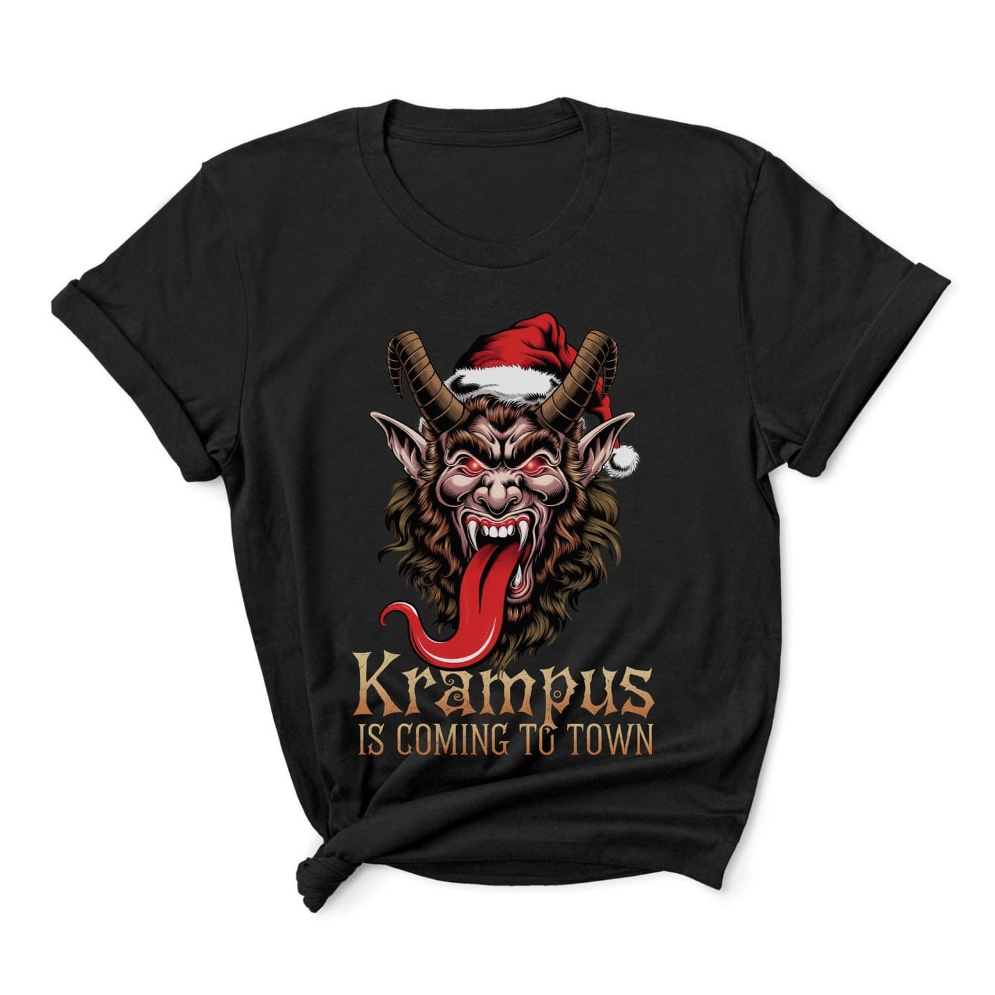 Black t-shirt with Krampus graphic and text 'Krampus is coming to town' on a white background: Krampus Shirt, Retro Gruss Vom Krampus Christmas T-Shirt, Funny Dark Humor Holiday Season Tee, Horror Xmas Shirt, Gift For Him Or Her