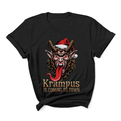 Black t-shirt with Krampus graphic and text 'Krampus is coming to town' on a white background: Krampus Shirt, Retro Gruss Vom Krampus Christmas T-Shirt, Funny Dark Humor Holiday Season Tee, Horror Xmas Shirt, Gift For Him Or Her