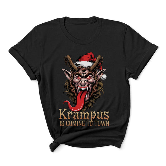 Black t-shirt with Krampus graphic and text 'Krampus is coming to town' on a white background: Krampus Shirt, Retro Gruss Vom Krampus Christmas T-Shirt, Funny Dark Humor Holiday Season Tee, Horror Xmas Shirt, Gift For Him Or Her