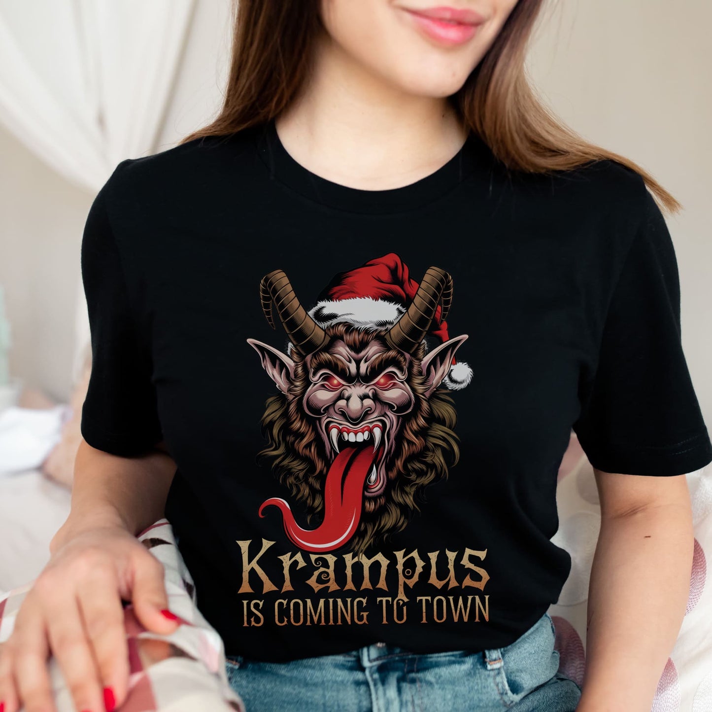 Person wearing a black t-shirt with Krampus design and text: Krampus Shirt, Retro Gruss Vom Krampus Christmas T-Shirt, Funny Dark Humor Holiday Season Tee, Horror Xmas Shirt, Gift For Him Or Her