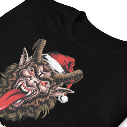 Black t-shirt with a graphic of a horned creature wearing a Santa hat on a white background: Krampus Shirt, Retro Gruss Vom Krampus Christmas T-Shirt, Funny Dark Humor Holiday Season Tee, Horror Xmas Shirt, Gift For Him Or Her