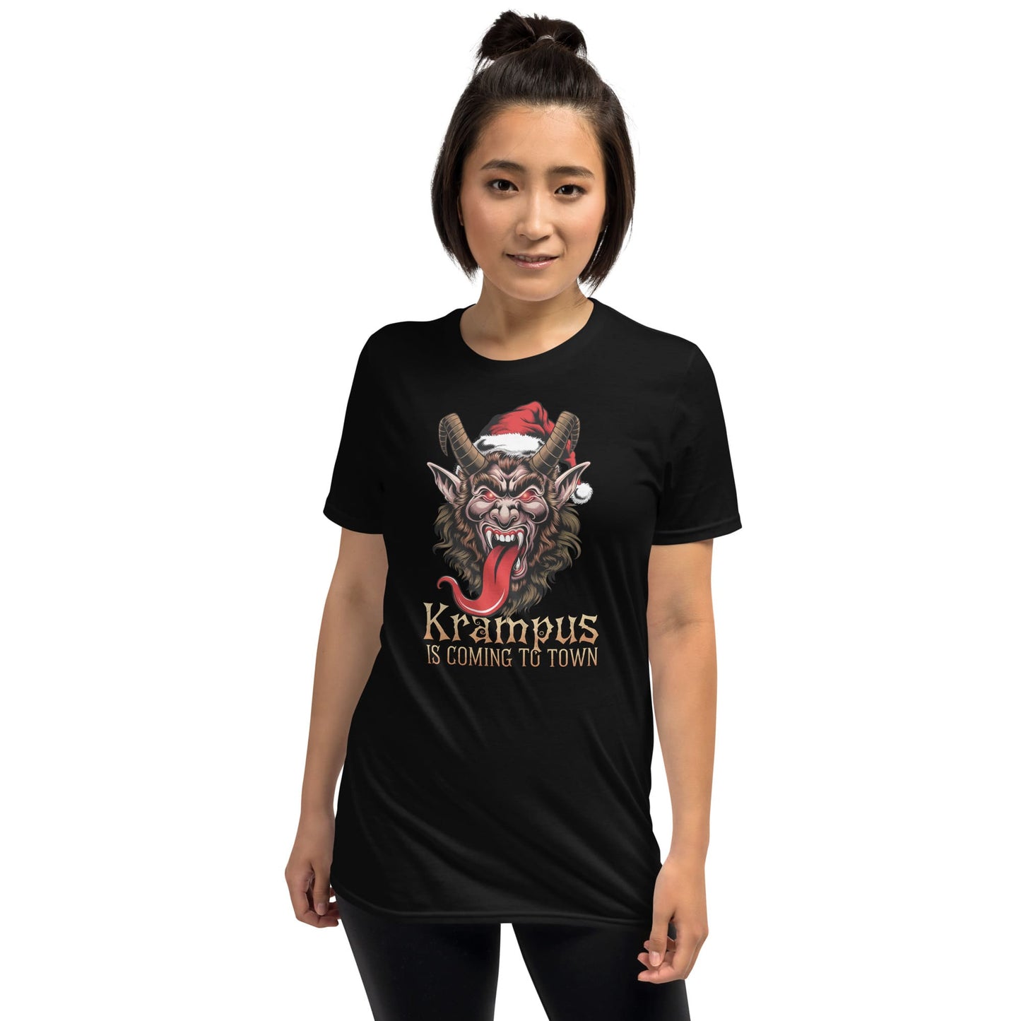 Person wearing a black t-shirt with Krampus graphic and text on a white background: Krampus Shirt, Retro Gruss Vom Krampus Christmas T-Shirt, Funny Dark Humor Holiday Season Tee, Horror Xmas Shirt, Gift For Him Or Her