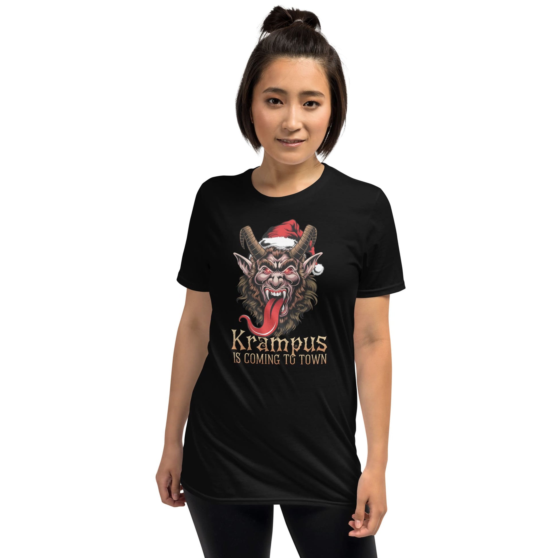 Person wearing a black t-shirt with Krampus graphic and text on a white background: Krampus Shirt, Retro Gruss Vom Krampus Christmas T-Shirt, Funny Dark Humor Holiday Season Tee, Horror Xmas Shirt, Gift For Him Or Her