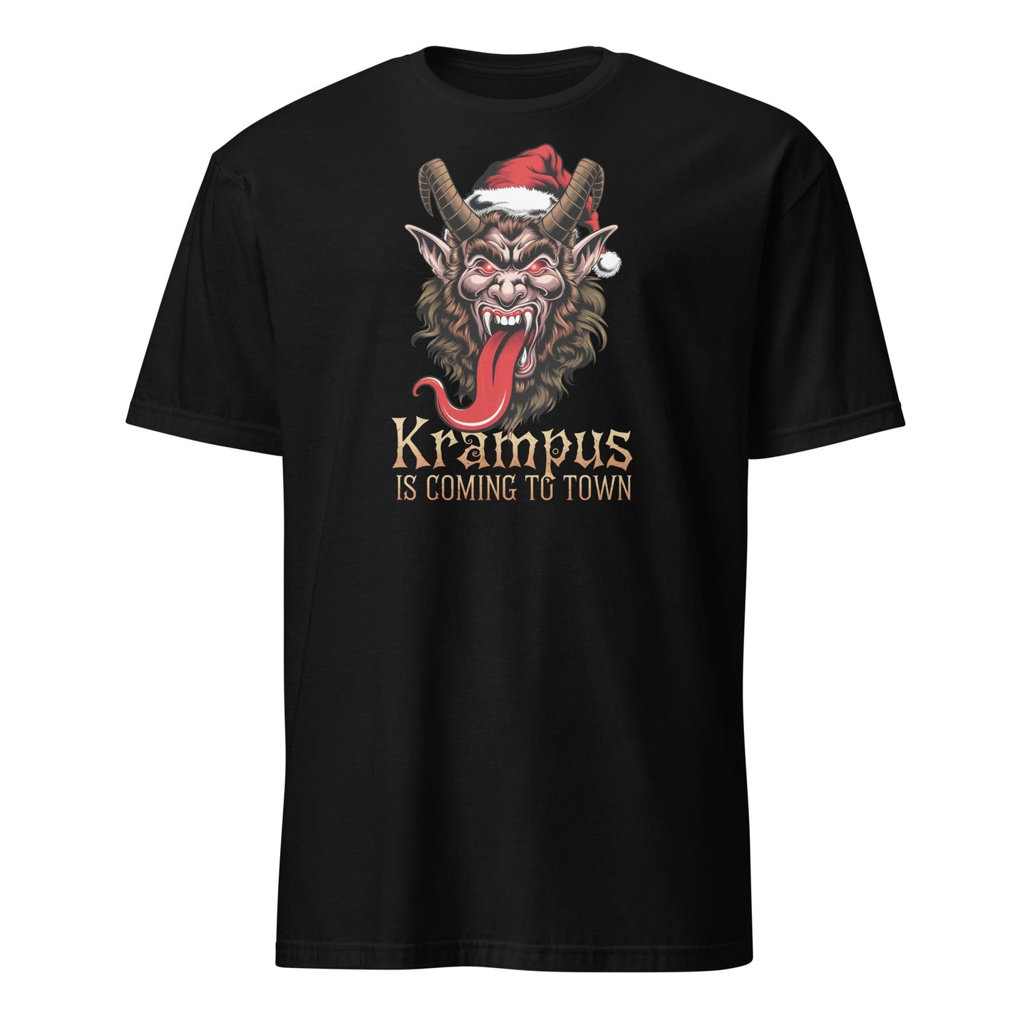 Black t-shirt with Krampus graphic and text 'Krampus is coming to town' on a white background: Krampus Shirt, Retro Gruss Vom Krampus Christmas T-Shirt, Funny Dark Humor Holiday Season Tee, Horror Xmas Shirt, Gift For Him Or Her