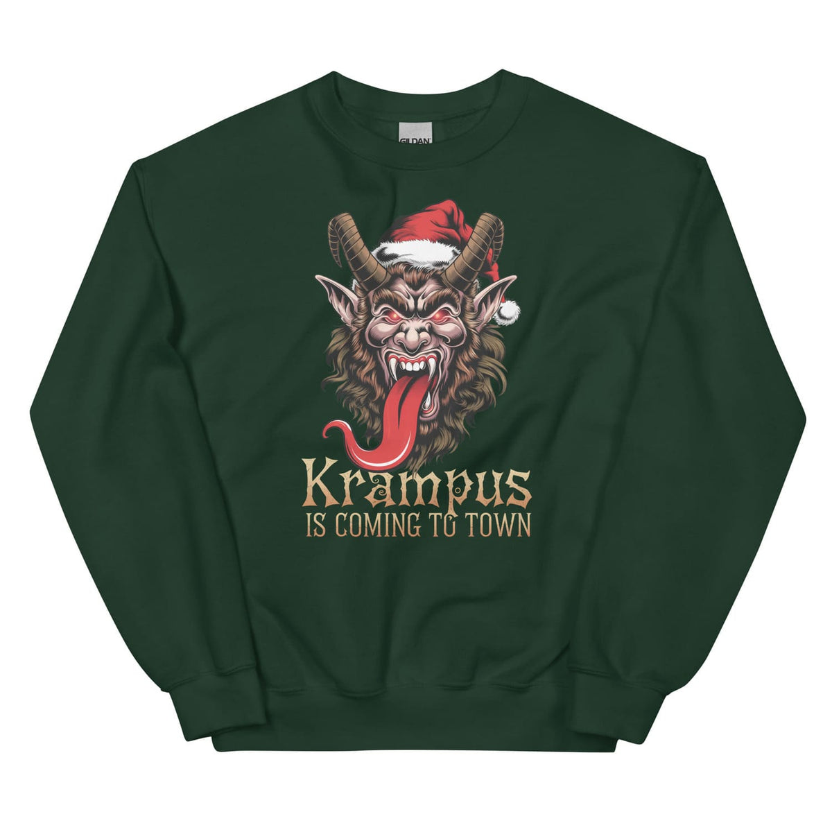 Dark green sweatshirt with Krampus graphic and text on a white background
