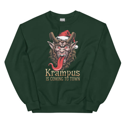 Dark green sweatshirt with Krampus graphic and text on a white background