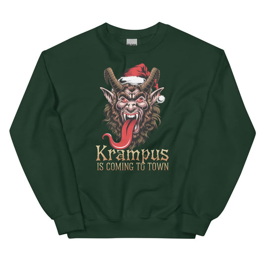 Dark green sweatshirt with Krampus graphic and text on a white background