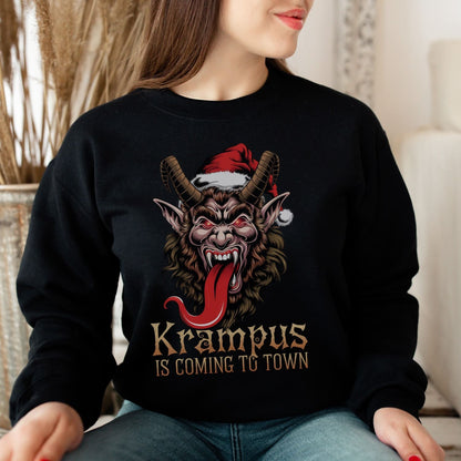 Person wearing a black sweatshirt with Krampus design and text indoors.