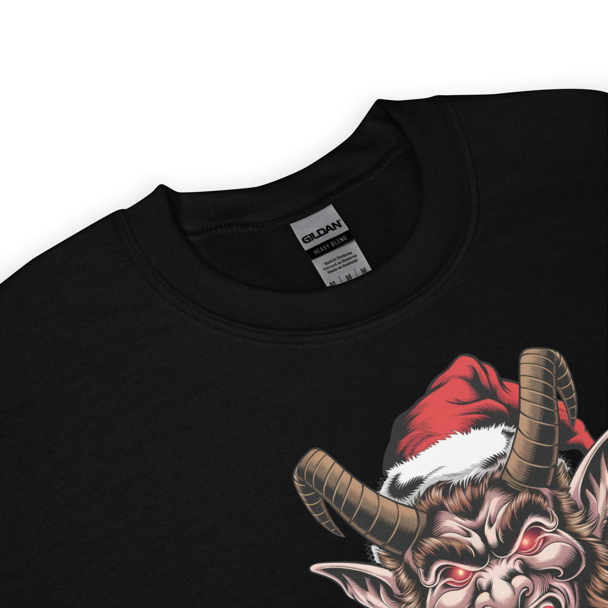 Black sweatshirt with a graphic design of krampus wearing a Santa hat on a white background