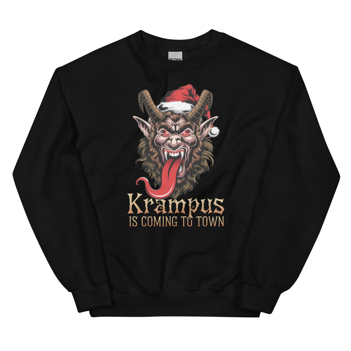 Black sweatshirt with Krampus graphic and text 'Krampus is Coming to Town' on a white background