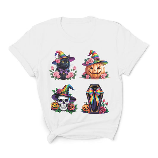 White LGBTQ pride t-shirt with Halloween-themed designs including pumpkins, skulls, and rainbow elements on a white background.