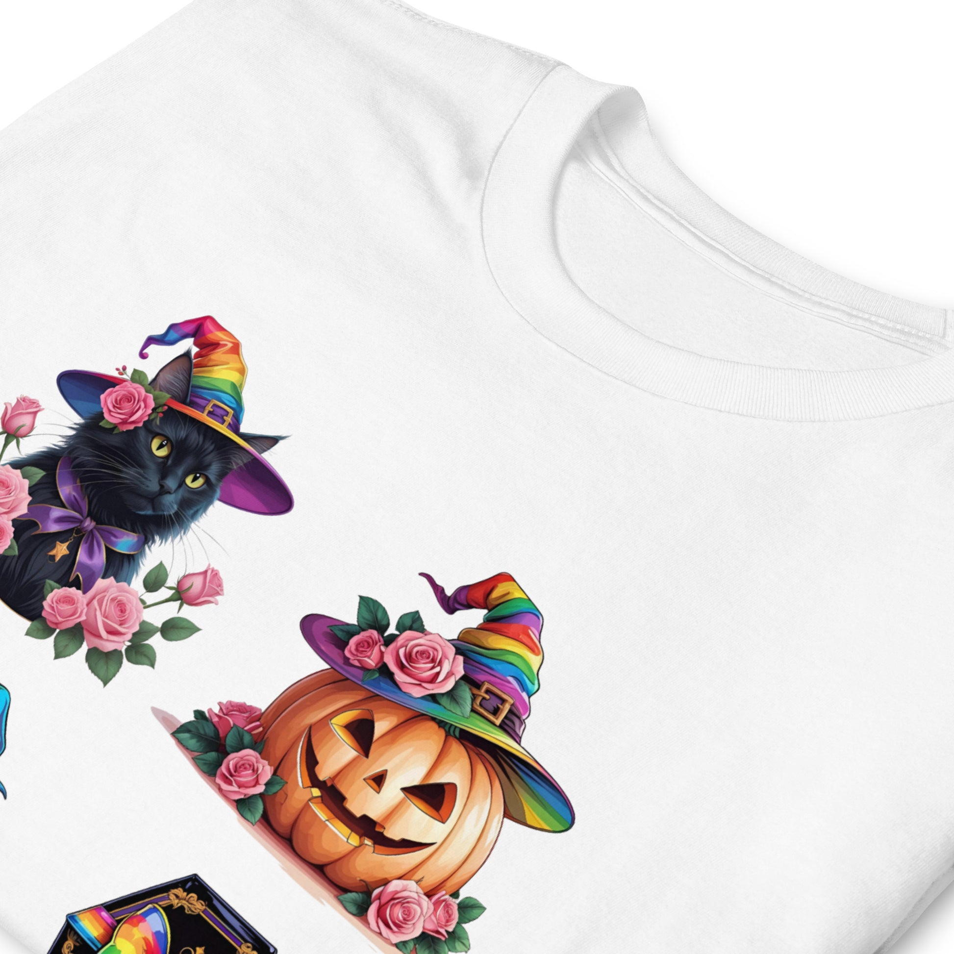 White lgbtq pride shirt with Halloween-themed design featuring a black cat, rainbow-colored witch hats, and pumpkins.