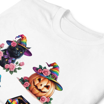 White lgbtq pride shirt with Halloween-themed design featuring a black cat, rainbow-colored witch hats, and pumpkins.