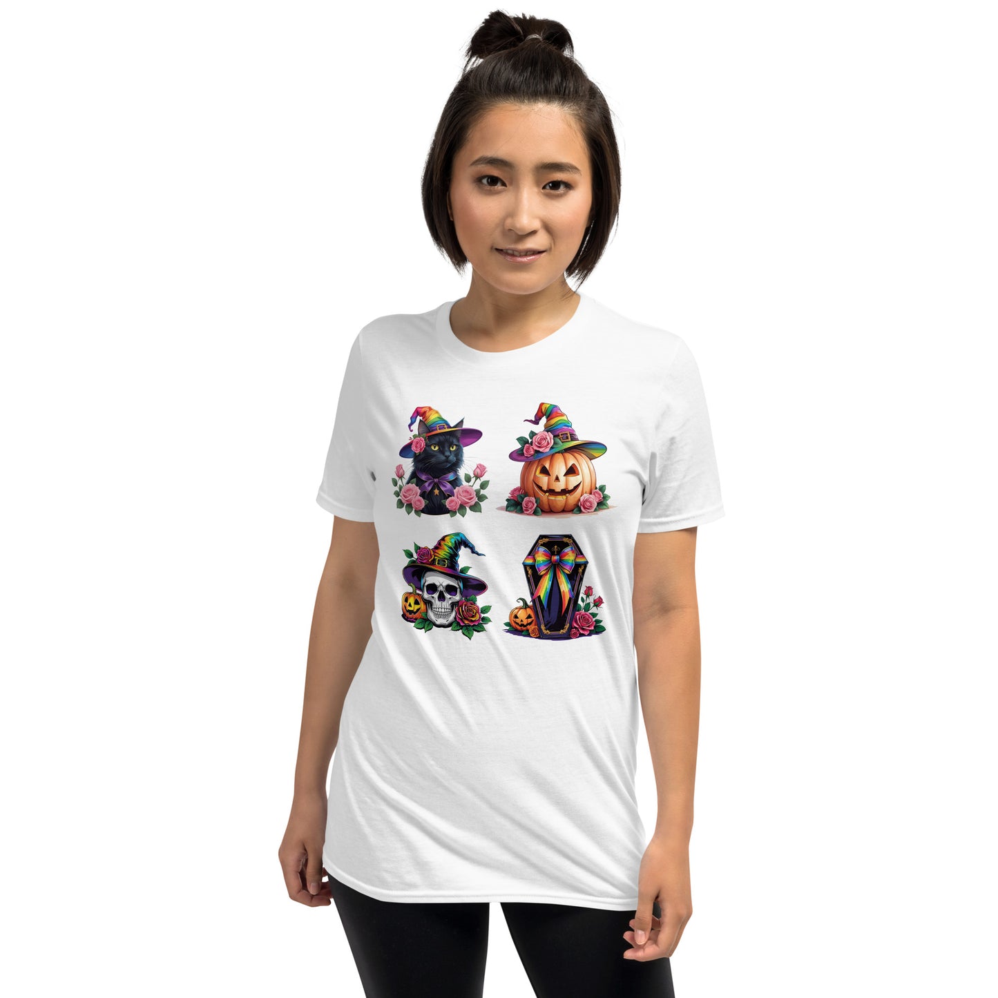 Person wearing a white pride lgbtq t-shirt with colorful Halloween-themed designs on a white background