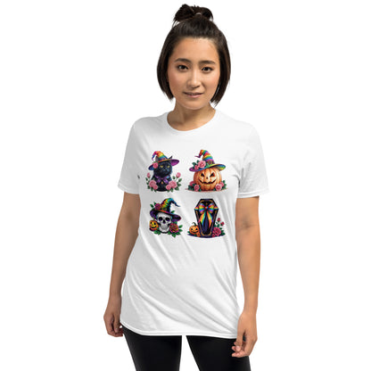 Person wearing a white pride lgbtq t-shirt with colorful Halloween-themed designs on a white background