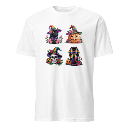White t-shirt with Halloween-themed graphics on a white background