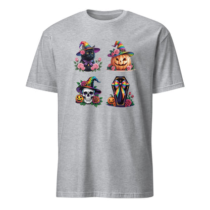 Gray t-shirt with Halloween-themed designs featuring a black cat, jack-o'-lantern, skull, and coffin on a white background.