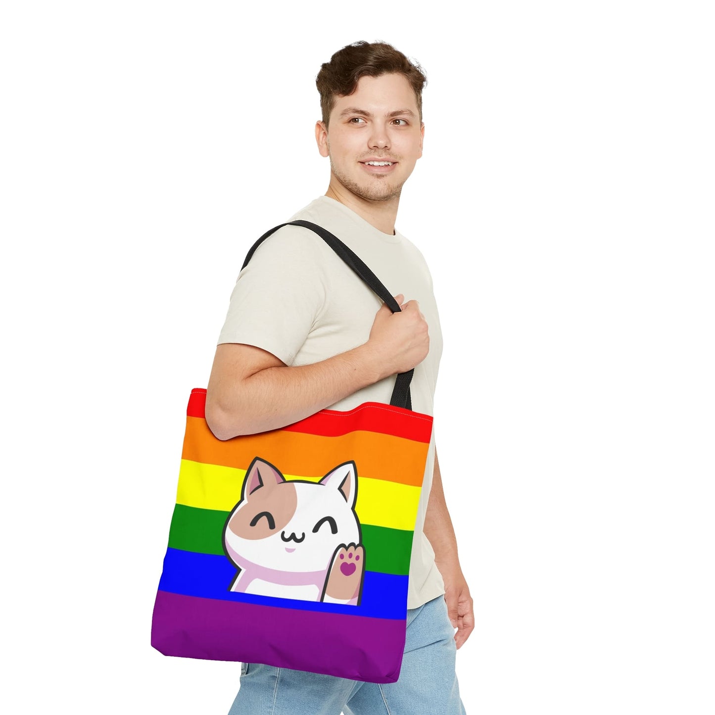 Rainbow LGBT pride tote bag cute cat, large