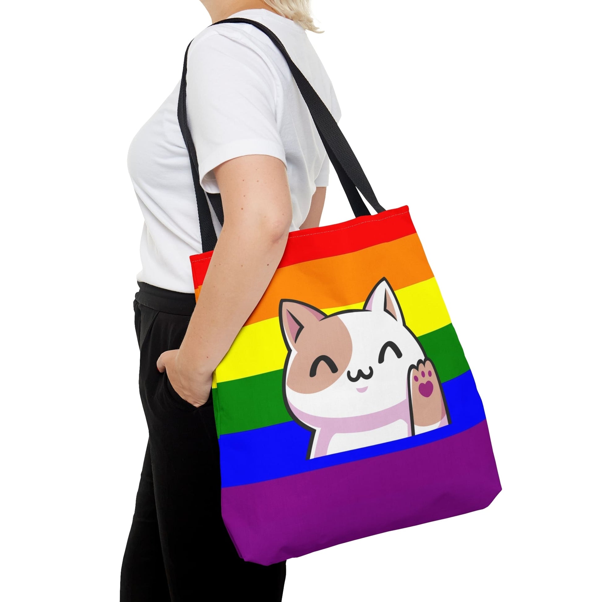 Rainbow LGBT pride tote bag cute cat, large