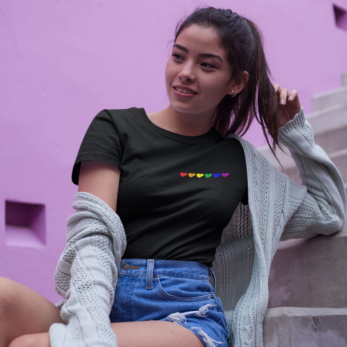 LGBT shirt, subtle rainbow pride pocket design tee, in use