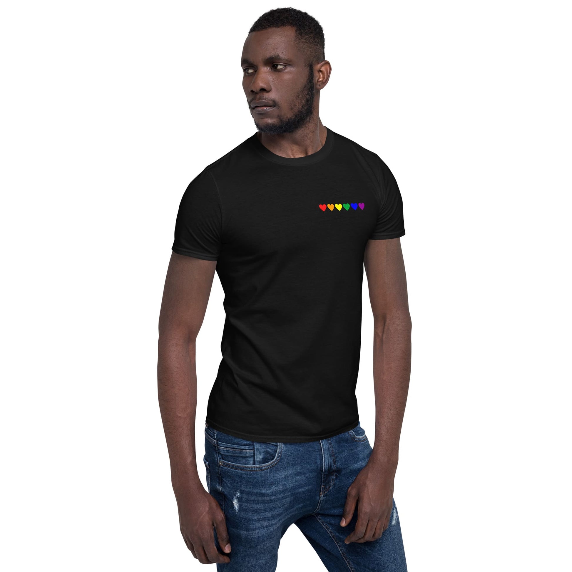 LGBT shirt, subtle rainbow pride pocket design tee, model 1