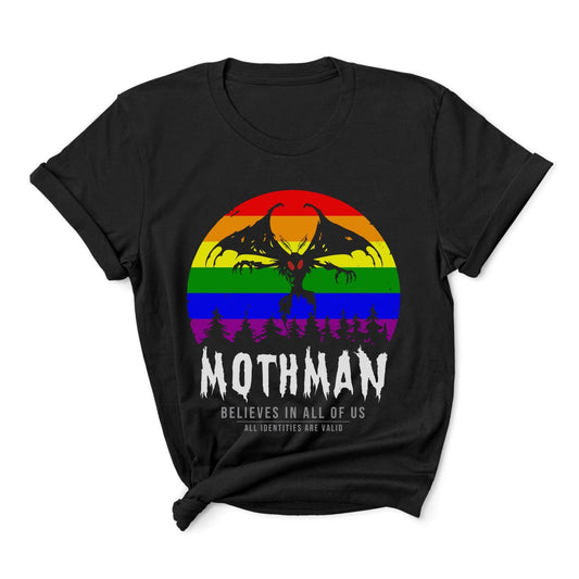 Black t-shirt with Mothman graphic and rainbow colors on a white background: LGBTQ Mothman Shirt, Rainbow Pride Cryptid Folklore T-Shirt, Queer Mythology Legend Cryptozoology Tee, Cryptidcore Weirdcore Gift For LGBT