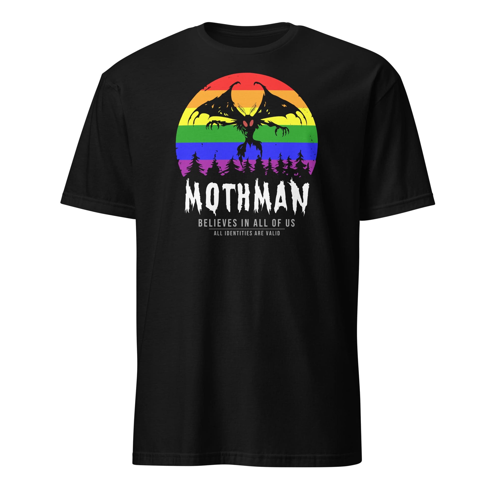Black t-shirt with Mothman graphic and rainbow design on a white background: LGBTQ Mothman Shirt, Rainbow Pride Cryptid Folklore T-Shirt, Queer Mythology Legend Cryptozoology Tee, Cryptidcore Weirdcore Gift For LGBT
