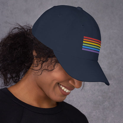 LGBT pride hat, rainbow flag embroidered cap, model right