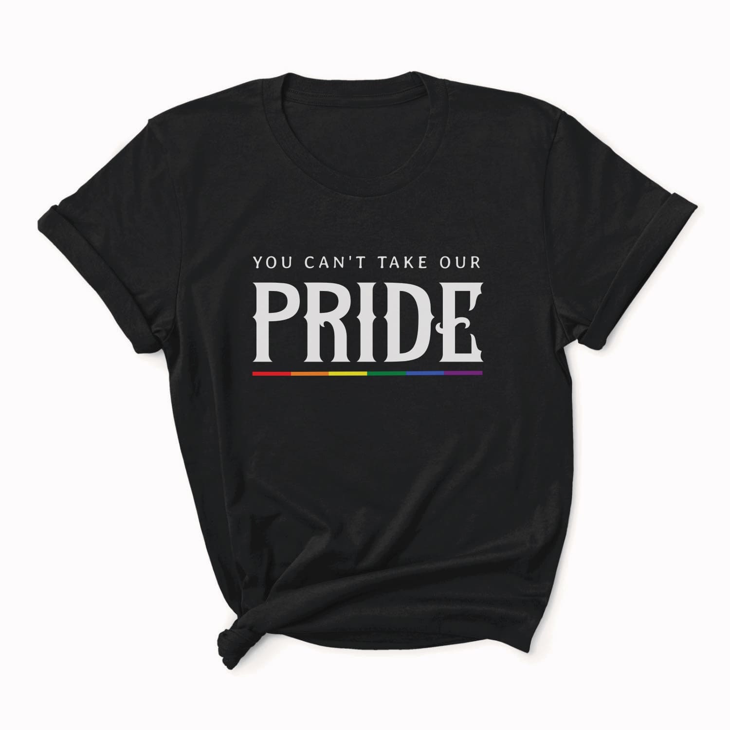 Black t-shirt with 'You can't take our pride' text and rainbow flag on a white background: LGBTQ Pride Shirt, Gay Rights Tee, Queer Resistance, Anti-Trump Activism, Political Protest Apparel, Equality Ally Gift, Human Rights Top