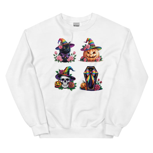 White sweatshirt with LGBTQ Halloween-themed graphics on a white background