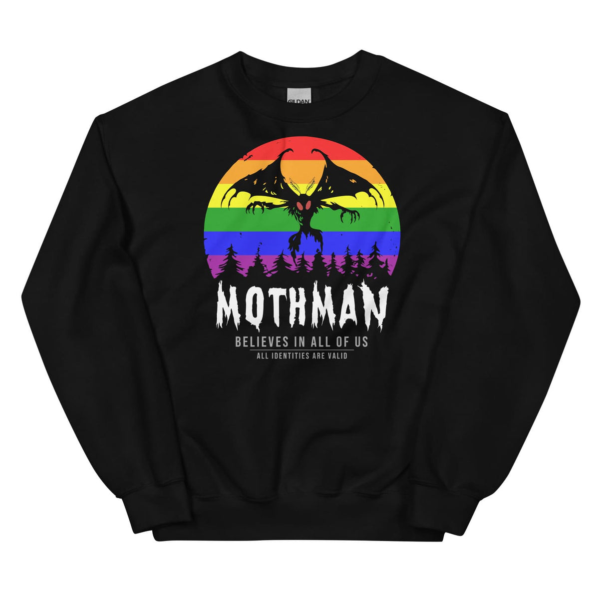 Black pride sweatshirt with Mothman graphic and rainbow-colored circle on a white background