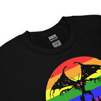 Black pride sweatshirt with a colorful graphic design featuring mothman silhouette on a rainbow background.