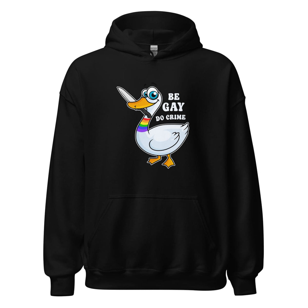 Black hoodie with a cartoon duck and text design on a white background, be gay do crime
