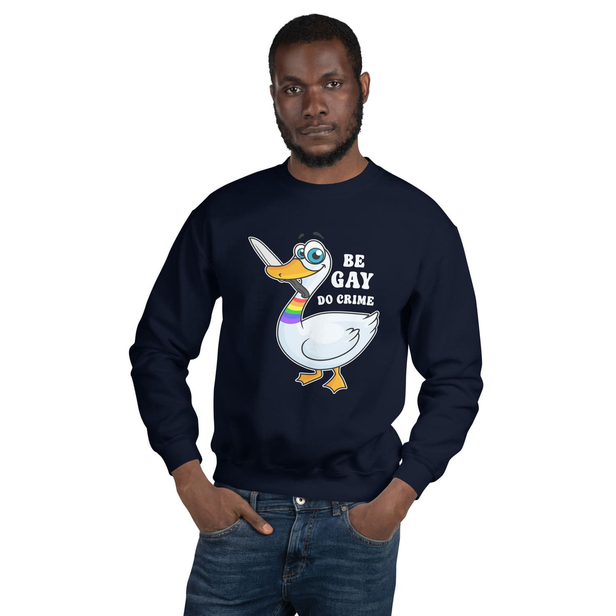 LGBTQ Man wearing a navy blue activist sweatshirt with a graphic of a duck and text on a white background