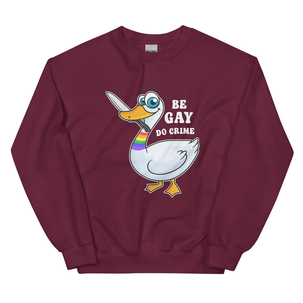 Maroon Pride activist sweatshirt with a cartoon duck and text on a white background