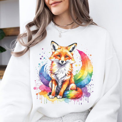 woman wearing cute watercolor rainbow pride lgbtq fox sweatshirt