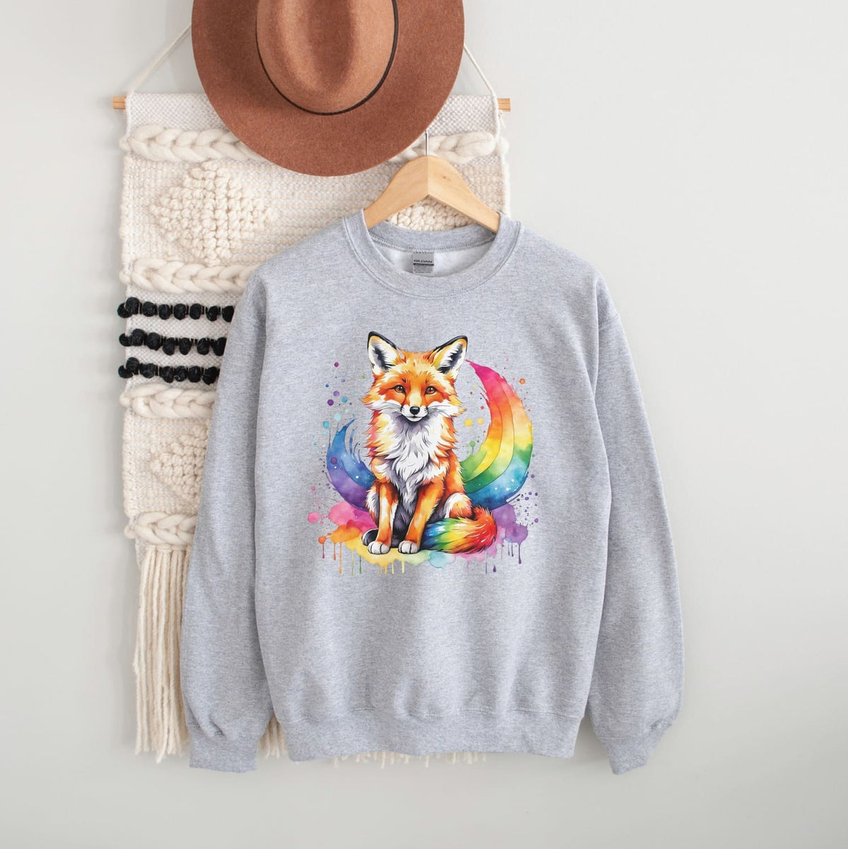 watercolor rainbow pride lgbtq fox sweatshirt hanging, grey