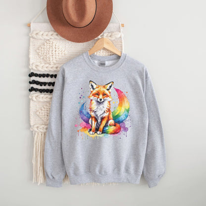 watercolor rainbow pride lgbtq fox sweatshirt hanging, grey