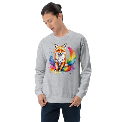 man wearing watercolor rainbow pride lgbtq fox sweatshirt, grey