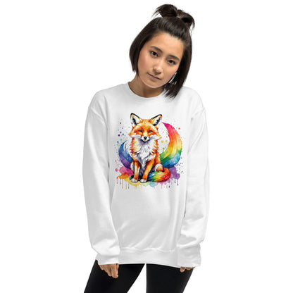 woman wearing watercolor rainbow pride lgbtq fox sweatshirt, white