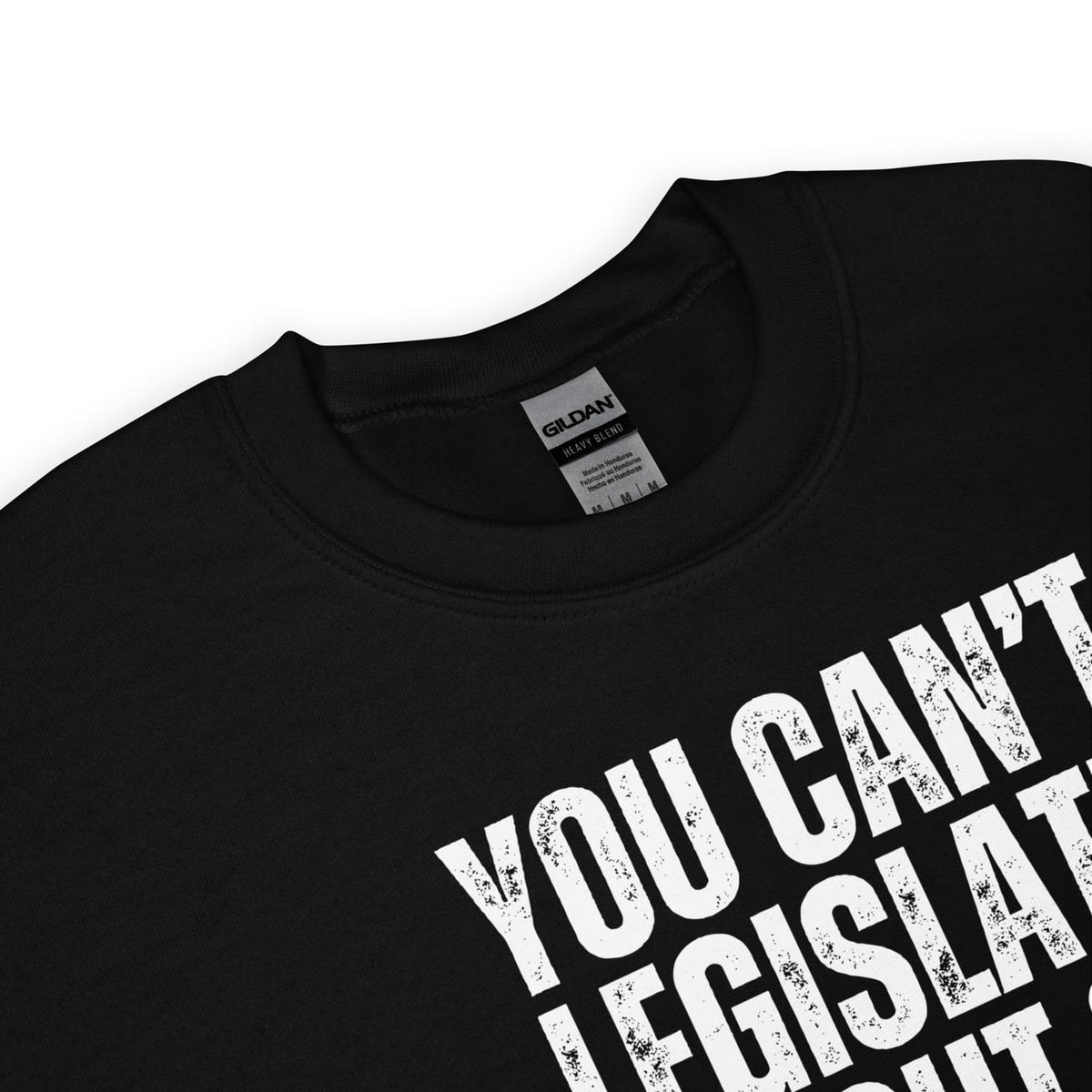 Black sweatshirt with LGBTQ rights slogan, detail