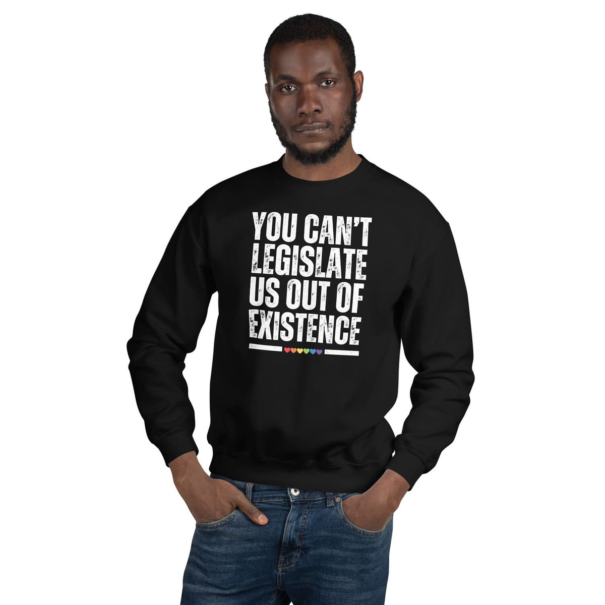 man wearing Black sweatshirt with LGBTQ rights slogan