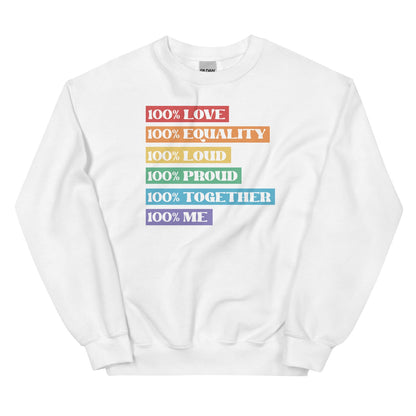White lgbt pride sweatshirt with colorful text on a white background