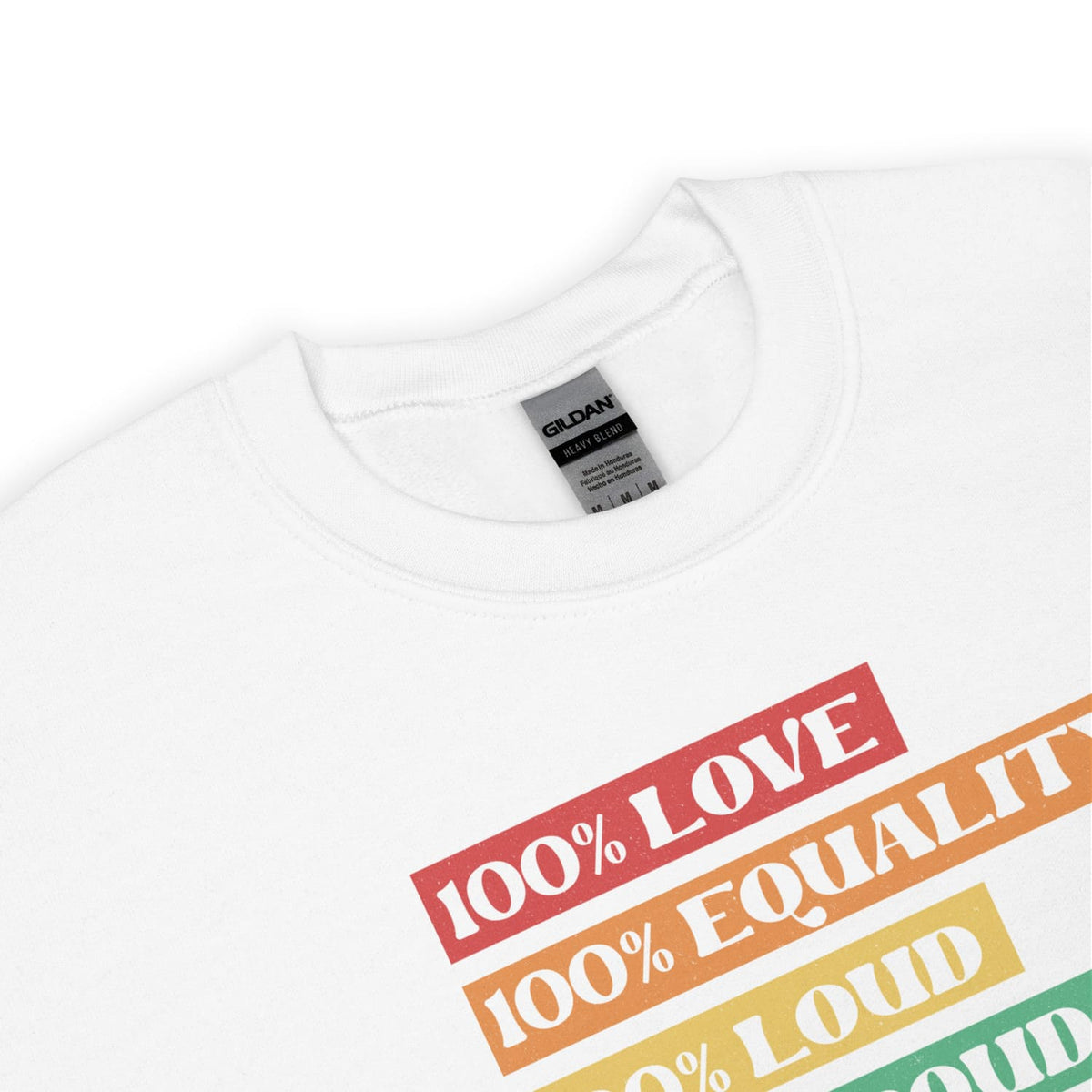 pride sweatshirt detail with colorful text on a white background