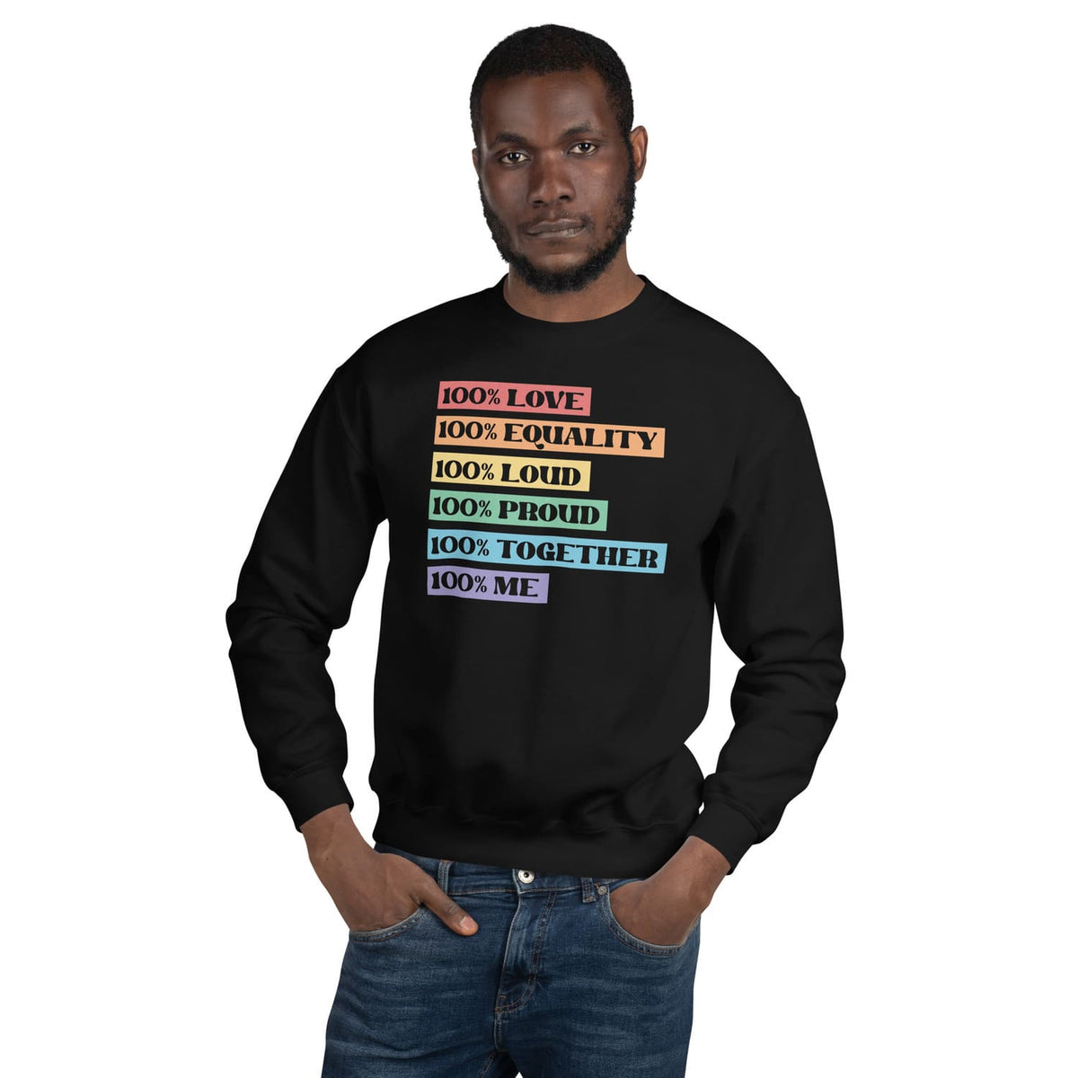 Man wearing a black lgbtq pride sweatshirt with colorful text on a white background