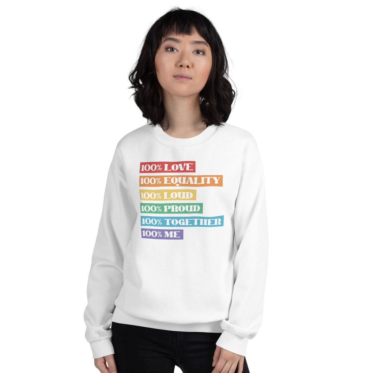 Person wearing a white pride lgbtq sweatshirt with colorful text on a white background