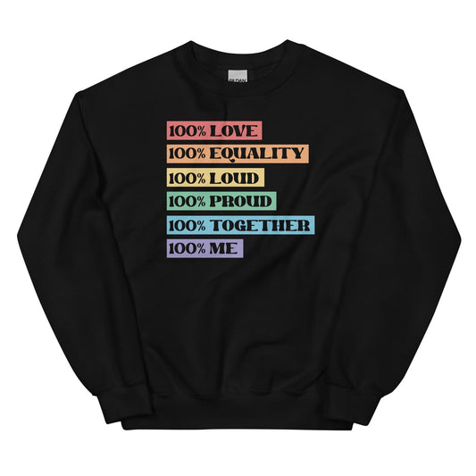 Black lgbtq pride sweatshirt with colorful text on a white background